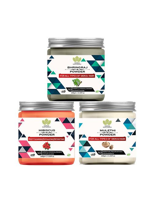 100% pure & naturals bhringraj powder 100gm & hibiscus powder 100gm & mulethi powder 100gm (pack of 3) 300gm - 18638879 - Very Small Image - 1