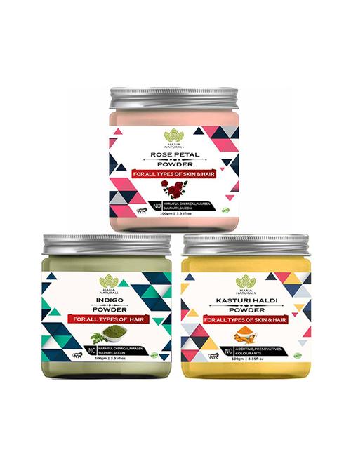 100% pure & naturals rose petal powder 100gm & indigo powder 100gm & kasturi haldi powder 100gm (pack of 3) 300gm - 18638881 - Very Small Image - 1