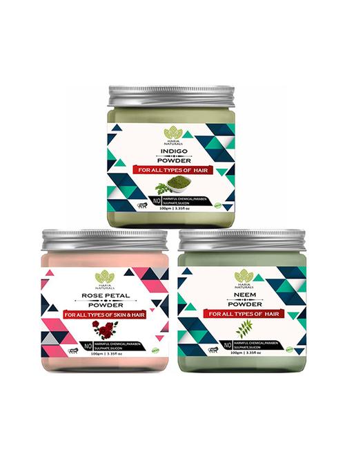 100% pure & naturals indigo powder 100gm & rose petal powder 100gm & neem powder 100gm (pack of 3) 300gm - 18638891 - Very Small Image - 1