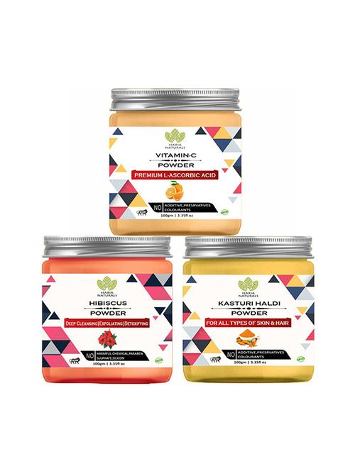 100% pure & naturals vitamin-c powder 100gm & hibiscus powder 100gm & kasturi haldi powder 100gm (pack of 3) 300gm - 18638895 - Very Small Image - 1