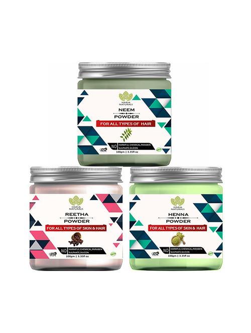 100% pure & naturals neem powder 100gm & reetha powder 100gm & henna powder 100gm (pack of 3) 300gm - 18638896 - Very Small Image - 1