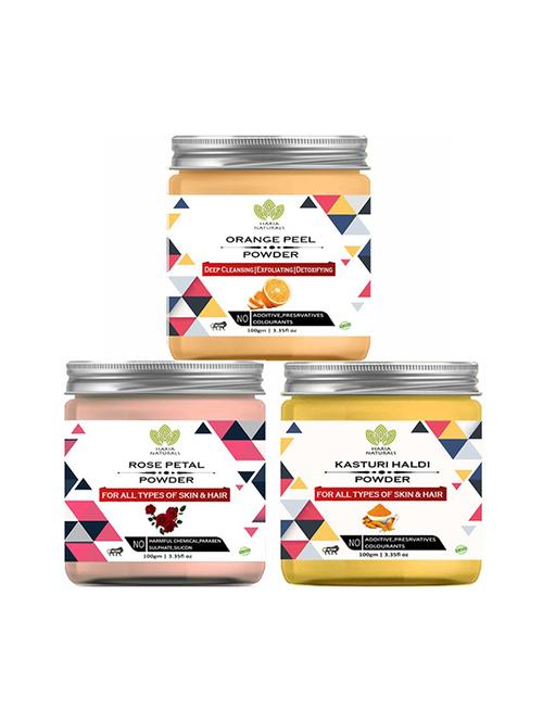 100% pure & naturals orange peel powder 100gm & rose petal powder 100gm & kasturi haldi powder 100gm (pack of 3) 300gm - 18638899 - Very Small Image - 1