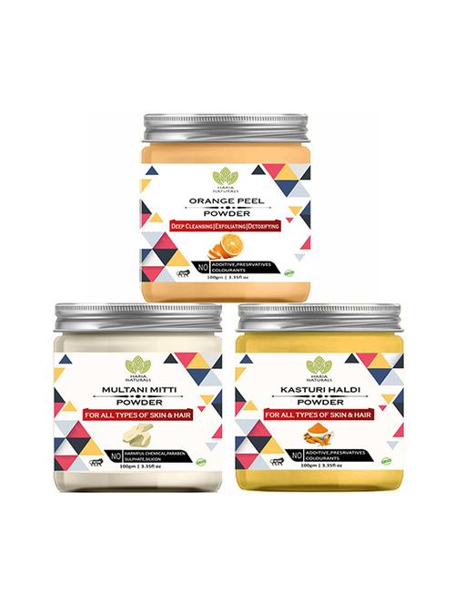100% pure & naturals orange peel powder 100gm & multani mitti powder 100gm & kasturi haldi powder 100gm (pack of 3) 300gm - 18638909 - Very Small Image - 1