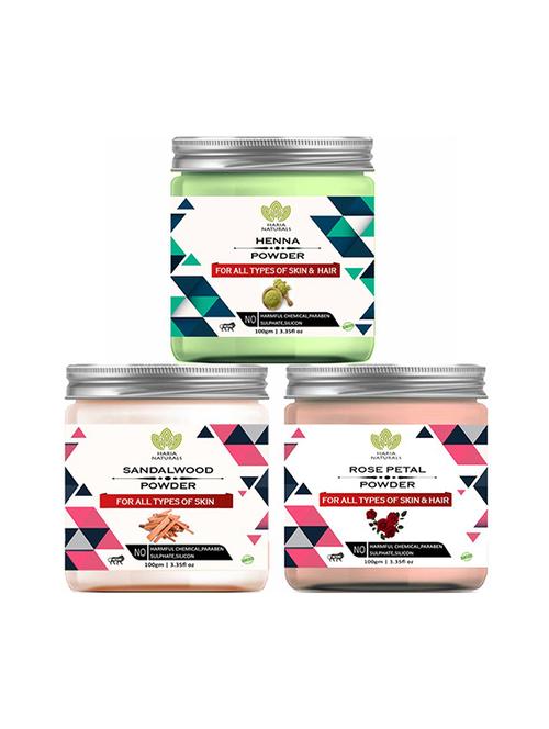 100% pure & naturals henna powder 100gm & sandalwood powder 100gm & rose petal powder 100gm (pack of 3) 300gm - 18638915 - Very Small Image - 1