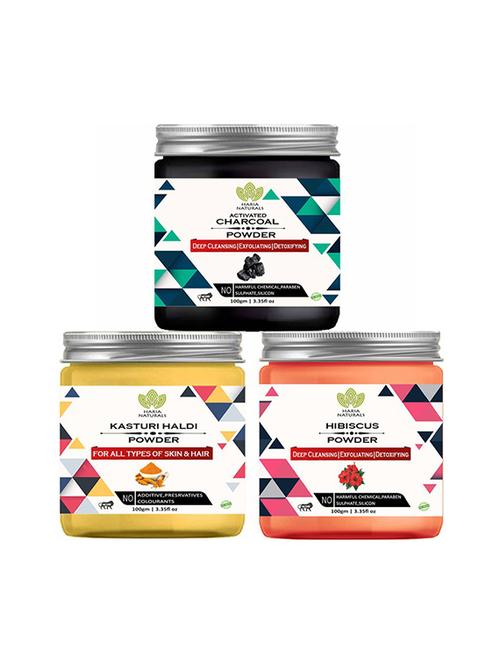 100% pure & naturals charcoal powder 100gm & kasturi haldi powder 100gm & hibiscus powder 100gm (pack of 3) 300gm - 18638920 - Very Small Image - 1