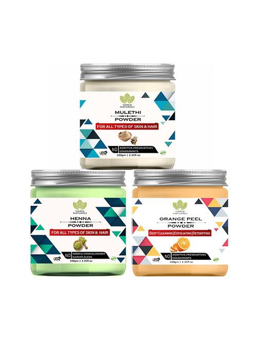 100% pure & naturals mulethi powder 100gm & henna powder 100gm & orange peel powder 100gm (pack of 3) 300gm - 18638926 - Very Small Image - 1