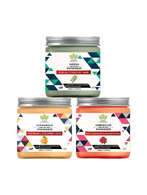 100% pure & naturals neem powder 100gm & vitamin-c powder 100gm & hibiscus powder 100gm (pack of 3) 300gm - 18638928 - Very Small Image - 1