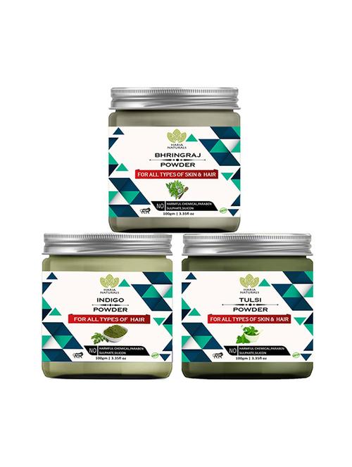 100% pure & naturals bhringraj powder 100gm & indigo powder 100gm & tulsi powder 100gm (pack of 3) 300gm - 18638930 - Very Small Image - 1