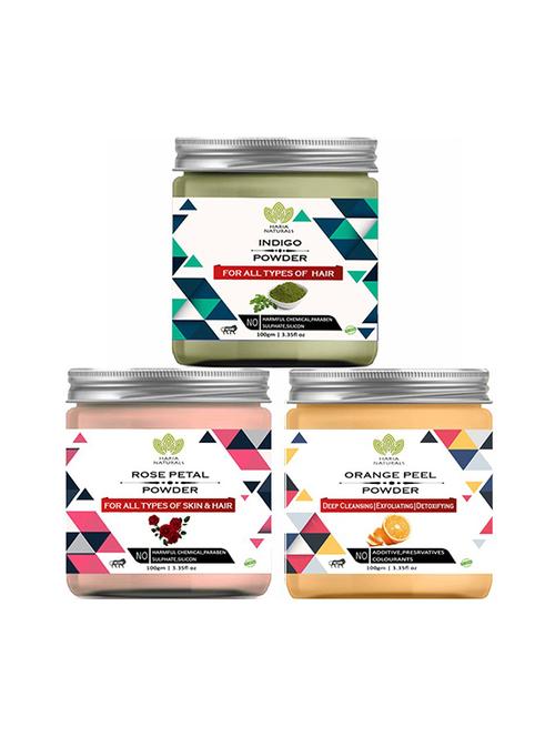 100% pure & naturals indigo powder 100gm & rose petal powder 100gm & orange peel powder 100gm (pack of 3) 300gm - 18639083 - Very Small Image - 1