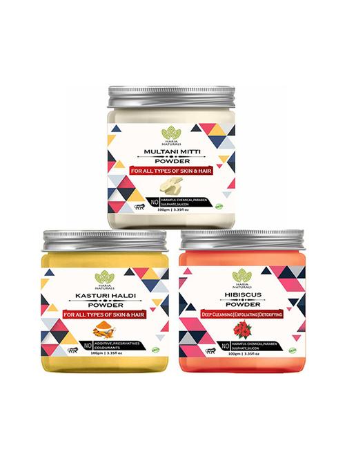 100% pure & naturals multani mitti powder 100gm & kasturi haldi powder 100gm & hibiscus powder 100gm (pack of 3) 300gm - 18639085 - Very Small Image - 1