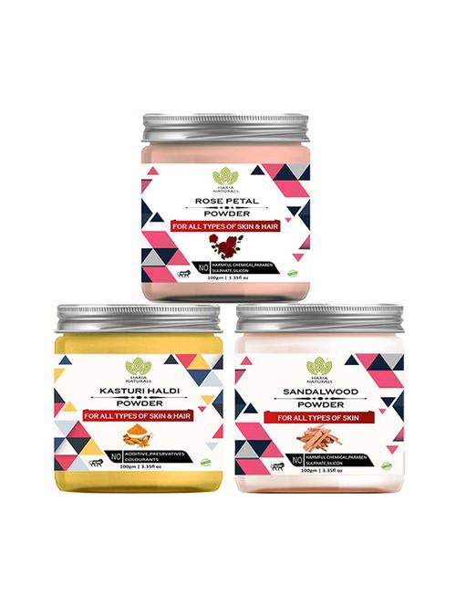 100% pure & naturals rose petal powder 100gm & kasturi haldi powder 100gm & sandalwood powder 100gm (pack of 3) 300gm - 18639089 - Very Small Image - 1