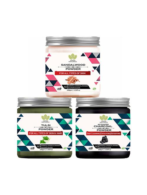 100% pure & naturals sandalwood powder 100gm & tulsi powder 100gm & charcoal powder 100gm (pack of 3) 300gm - 18639097 - Very Small Image - 1