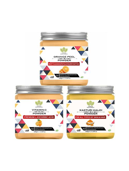 100% pure & naturals orange peel powder 100gm & vitamin-c powder 100gm & kasturi haldi powder 100gm (pack of 3) 300gm - 18639105 - Very Small Image - 1