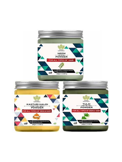 100% pure & naturals neem powder 100gm & kasturi haldi powder 100gm & tulsi powder 100gm (pack of 3) 300gm - 18639133 - Very Small Image - 1