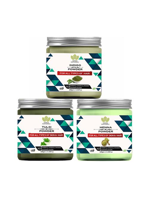 100% pure & naturals indigo powder 100gm & tulsi powder 100gm & henna powder 100gm (pack of 3) 300gm - 18639144 - Very Small Image - 1