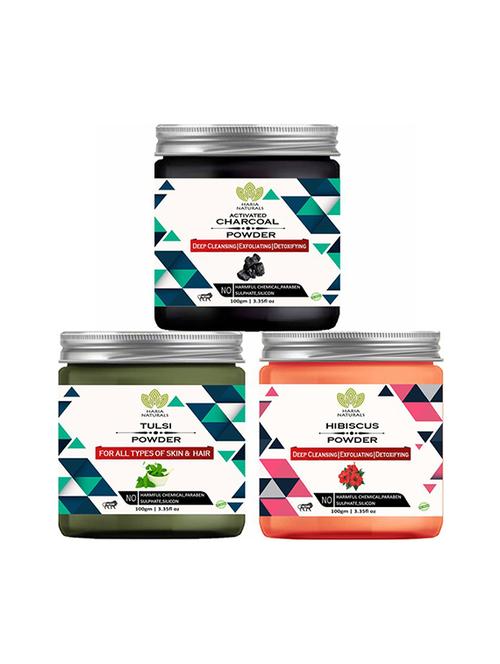 100% pure & naturals charcoal powder 100gm & tulsi powder 100gm & hibiscus powder 100gm (pack of 3) 300gm - 18639146 - Very Small Image - 1