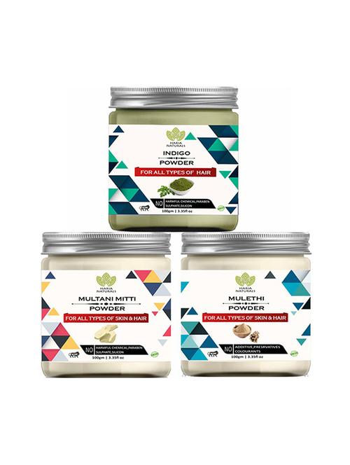 100% pure & naturals indigo powder 100gm & multani mitti powder 100gm & mulethi powder 100gm (pack of 3) 300gm - 18639151 - Very Small Image - 1