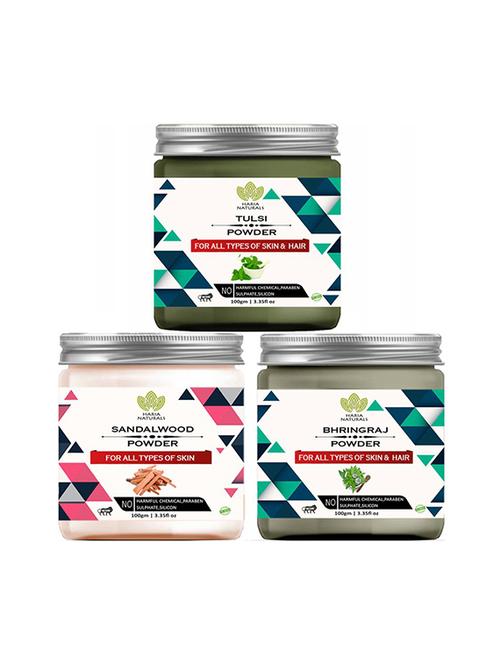 100% pure & naturals tulsi powder 100gm & sandalwood powder 100gm & bhringraj powder 100gm (pack of 3) 300gm - 18639160 - Very Small Image - 1