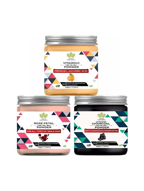 100% pure & naturals vitamin-c powder 100gm & rose petal powder 100gm & charcoal powder 100gm (pack of 3) 300gm - 18639167 - Very Small Image - 1