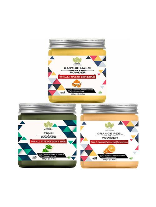 100% pure & naturals kasturi haldi powder 100gm & tulsi powder 100gm & orange peel powder 100gm (pack of 3) 300gm - 18639168 - Very Small Image - 1