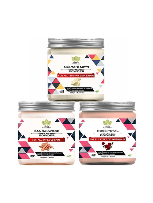 100% pure & naturals multani mitti powder 100gm & sandalwood powder 100gm & rose petal powder 100gm (pack of 3) 300gm - 18639170 - Very Small Image - 1
