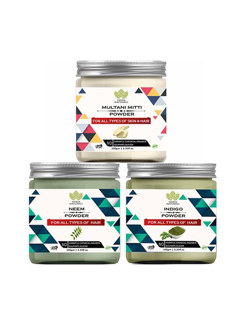 100% pure & naturals multani mitti powder 100gm & neem powder 100gm & indigo powder 100gm (pack of 3) 300gm - 18639174 - Very Small Image - 1