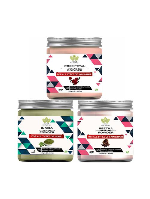 100% pure & naturals rose petal powder 100gm & indigo powder 100gm & reetha powder 100gm (pack of 3) 300gm - 18639177 - Very Small Image - 1