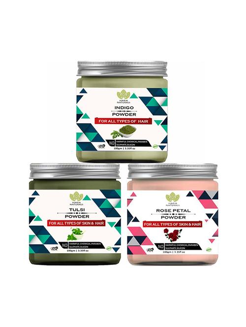 100% pure & naturals indigo powder 100gm & tulsi powder 100gm & rose petal powder 100gm (pack of 3) 300gm - 18639181 - Very Small Image - 1