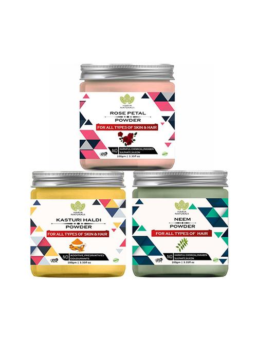 100% pure & naturals rose petal powder 100gm & kasturi haldi powder 100gm & neem powder 100gm (pack of 3) 300gm - 18639183 - Very Small Image - 1