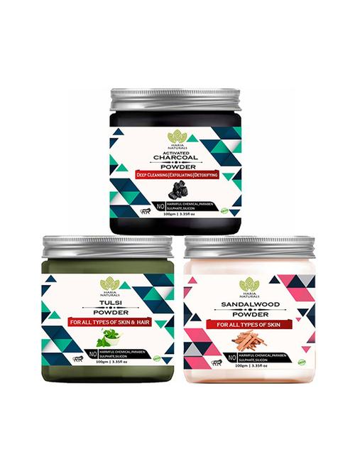 100% pure & naturals charcoal powder 100gm & tulsi powder 100gm & sandalwood powder 100gm (pack of 3) 300gm - 18639186 - Very Small Image - 1