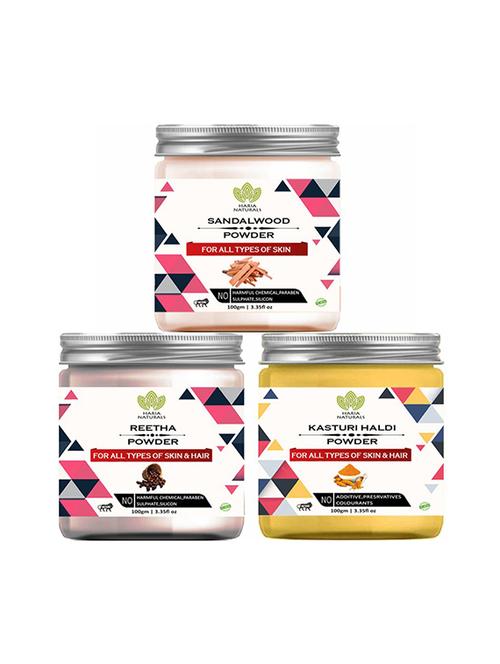 100% pure & naturals sandalwood powder 100gm & reetha powder 100gm & kasturi haldi powder 100gm (pack of 3) 300gm - 18639190 - Very Small Image - 1