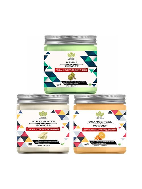 100% pure & naturals henna powder 100gm & multani mitti powder 100gm & orange peel powder 100gm (pack of 3) 300gm - 18639192 - Very Small Image - 1