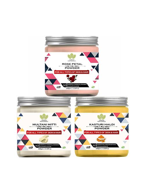 100% pure & naturals rose petal powder 100gm & multani mitti powder 100gm & kasturi haldi powder 100gm (pack of 3) 300gm - 18639198 - Very Small Image - 1