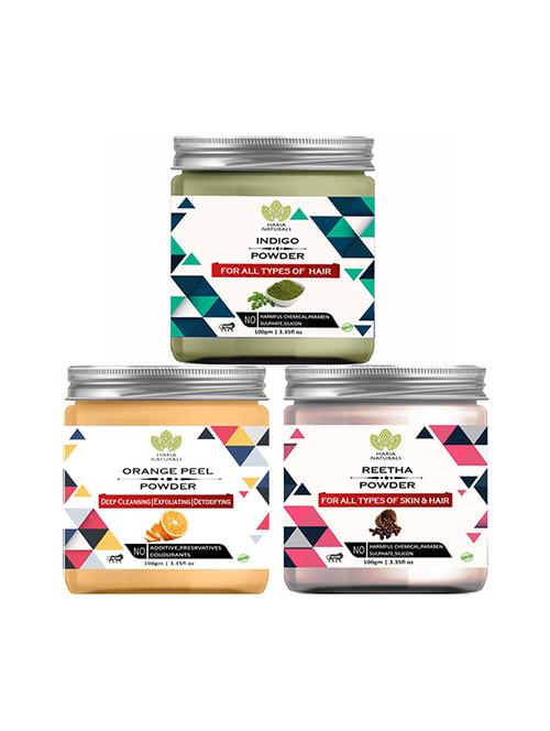 100% pure & naturals indigo powder 100gm & orange peel powder 100gm & reetha powder 100gm (pack of 3) 300gm - 18639213 - Very Small Image - 1