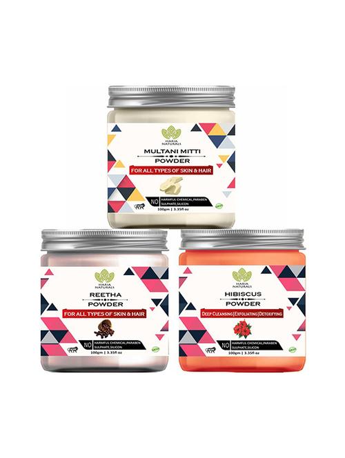 100% pure & naturals multani mitti powder 100gm & reetha powder 100gm & hibiscus powder 100gm (pack of 3) 300gm - 18639217 - Very Small Image - 1