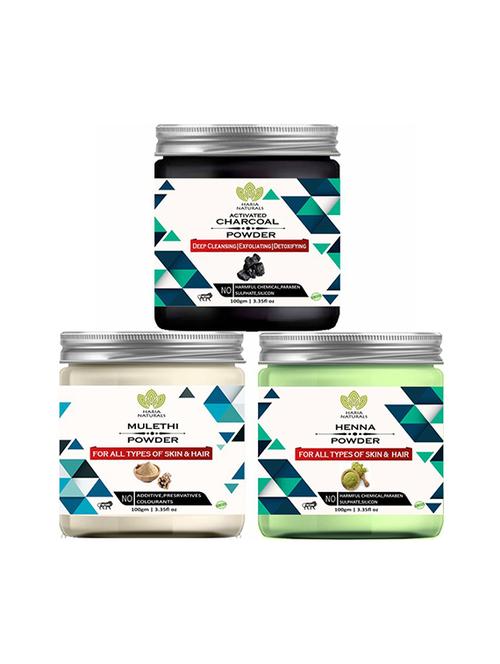 100% pure & naturals charcoal powder 100gm & mulethi powder 100gm & henna powder 100gm (pack of 3) 300gm - 18639220 - Very Small Image - 1