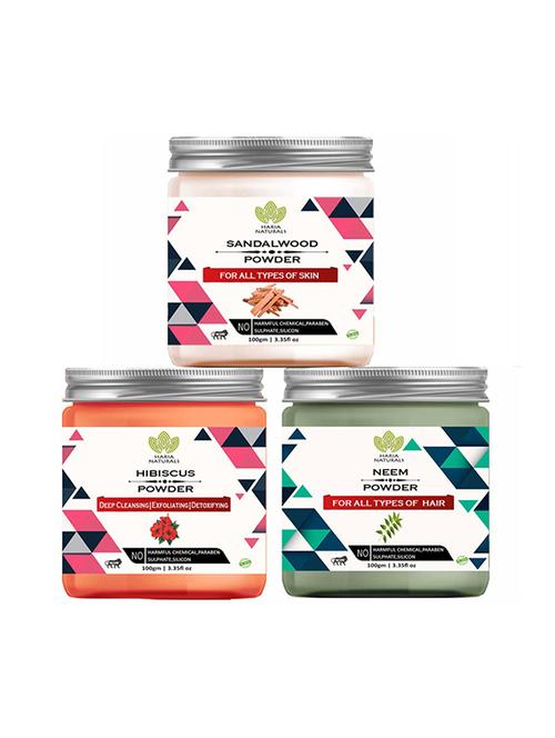 100% pure & naturals sandalwood powder 100gm & hibiscus powder 100gm & neem powder 100gm (pack of 3) 300gm - 18639225 - Very Small Image - 1