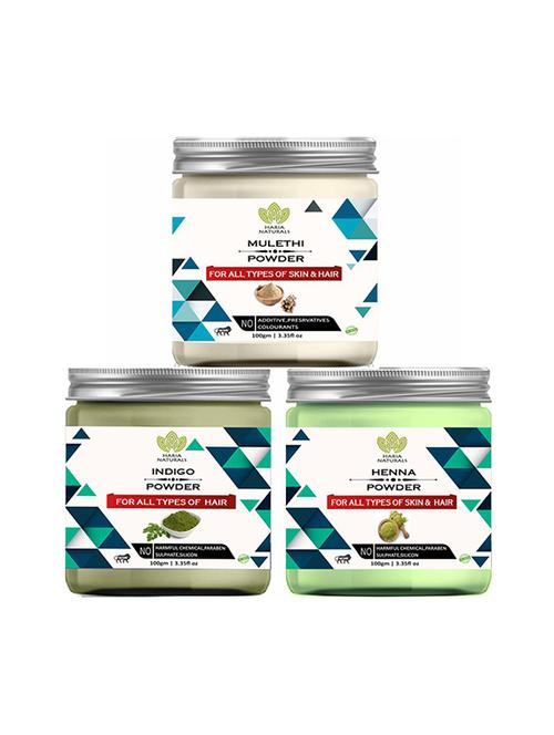 100% pure & naturals mulethi powder 100gm & indigo powder 100gm & henna powder 100gm (pack of 3) 300gm - 18639233 - Very Small Image - 1