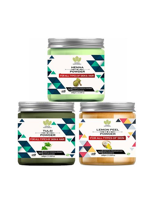 100% pure & naturals henna powder 100gm & tulsi  powder 100gm & lemon peel powder 100gm (pack of 3) 300gm - 18639444 - Very Small Image - 1