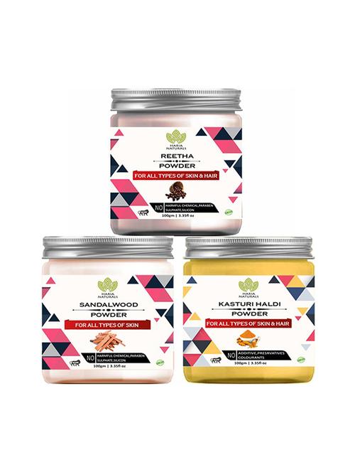100% pure & naturals reetha powder 100gm & sandalwood powder 100gm & kasturi haldi powder 100gm (pack of 3) 300gm - 18639445 - Very Small Image - 1