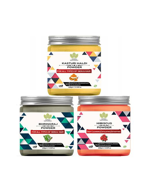 100% pure & naturals kasturi haldi powder 100gm & bhringraj powder 100gm & hibiscus powder 100gm (pack of 3) 300gm - 18639447 - Very Small Image - 1