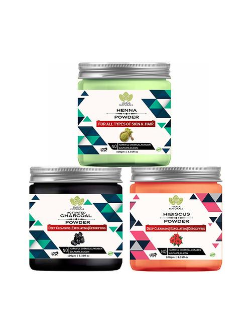 100% pure & naturals henna powder 100gm & charcoal powder 100gm & hibiscus powder 100gm (pack of 3) 300gm - 18639448 - Very Small Image - 1