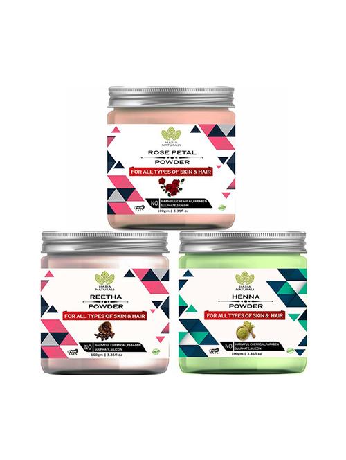 100% pure & naturals rose petal powder 100gm & reetha powder 100gm & henna powder 100gm (pack of 3) 300gm - 18639449 - Very Small Image - 1