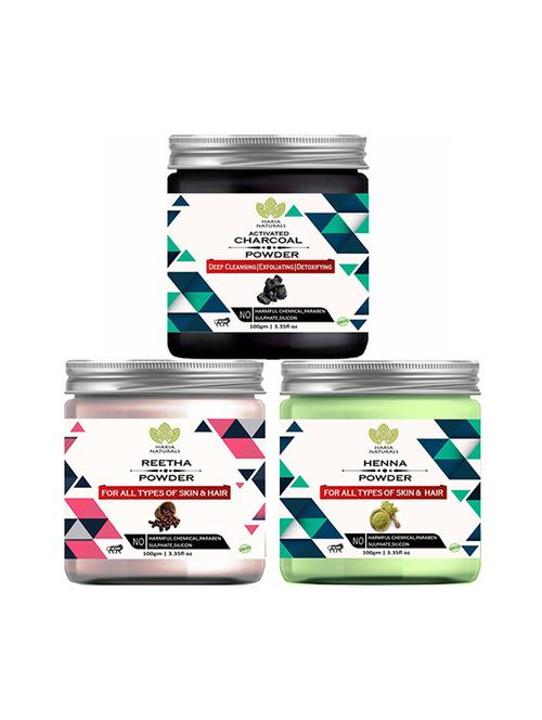 100% pure & naturals charcoal powder 100gm & reetha powder 100gm & henna powder 100gm (pack of 3) 300gm - 18639450 - Very Small Image - 1