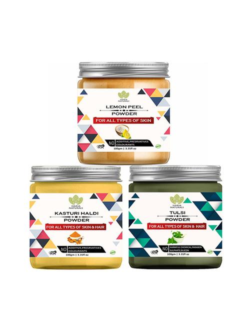 100% pure & naturals lemon peel powder 100gm & kasturi haldi powder 100gm & tulsi powder 100gm (pack of 3) 300gm - 18639452 - Very Small Image - 1