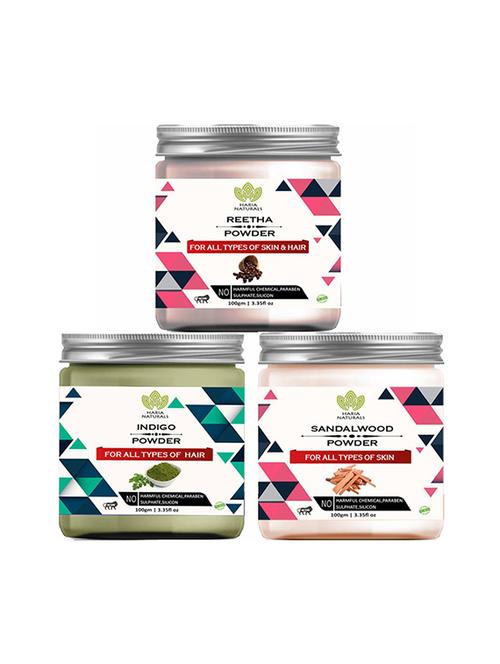 100% pure & naturals reetha powder 100gm & indigo powder 100gm & sandalwood powder 100gm (pack of 3) 300gm - 18639453 - Very Small Image - 1