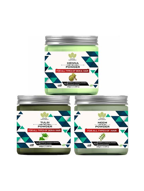 100% pure & naturals henna powder 100gm & tulsi  powder 100gm & neem powder 100gm (pack of 3) 300gm - 18639454 - Very Small Image - 1