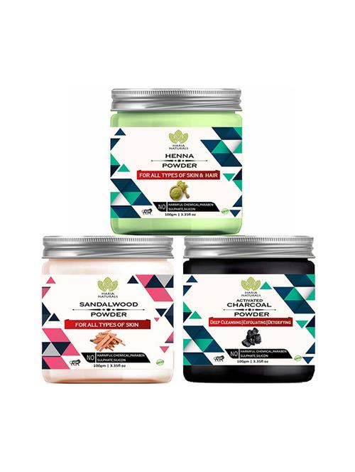 100% pure & naturals henna powder 100gm & sandalwood powder 100gm & charcoal powder 100gm (pack of 3) 300gm - 18639455 - Very Small Image - 1