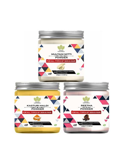 100% pure & naturals multani mitti powder 100gm & kasturi haldi powder 100gm & reetha powder 100gm (pack of 3) 300gm - 18639456 - Very Small Image - 1