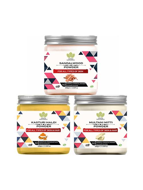 100% pure & naturals sandalwood powder 100gm & kasturi haldi powder 100gm & multani mitti powder 100gm (pack of 3) 300gm - 18639458 - Very Small Image - 1